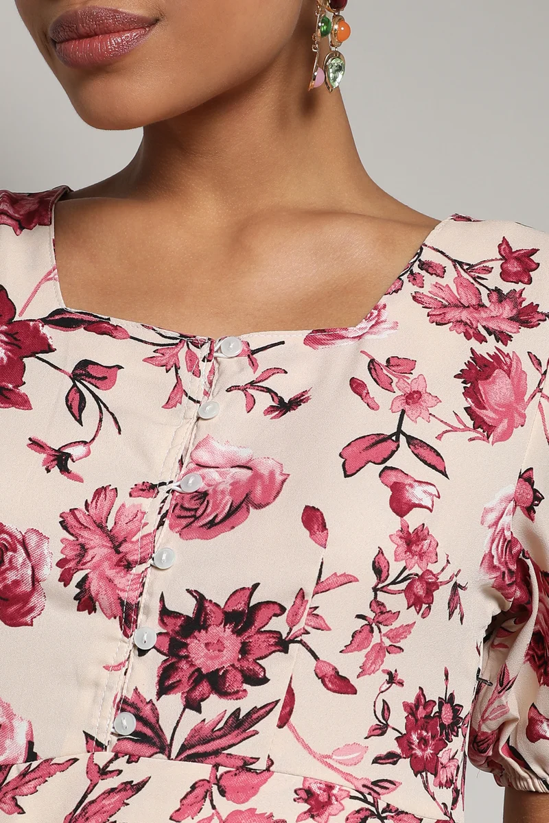 كامبوس سوترا Women's Beige & Red Floral Print Dress With Ruffle Detail