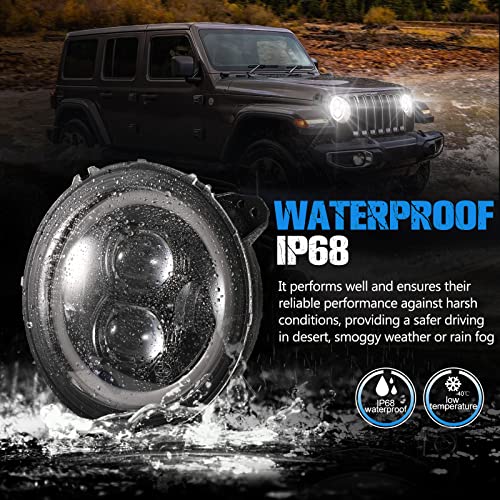 BUNKER INDUST مصابيح LED أمامية بزاوية 9 بوصات من BUNKER INDUST Wrangler JL مع DRL هالو، زوج من المصابيح الدائرية مع أضواء تشغيل نهارية لسيارات جيب رانجلر JL 2018 2019 2020 2021 2022 وإكسسوارات جيب غلادياتور JT - Image 5