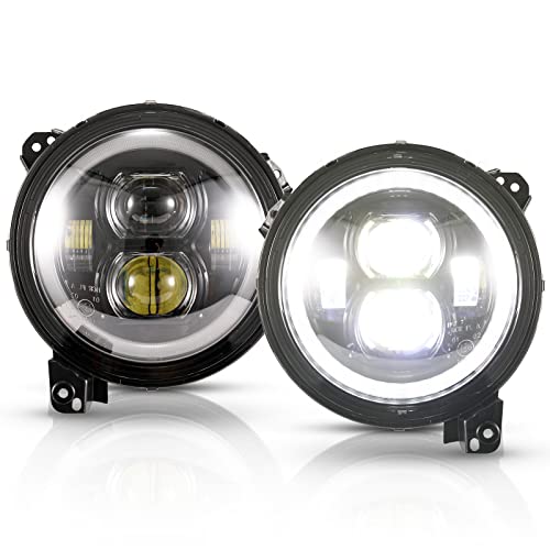 BUNKER INDUST مصابيح LED أمامية بزاوية 9 بوصات من BUNKER INDUST Wrangler JL مع DRL هالو، زوج من المصابيح الدائرية مع أضواء تشغيل نهارية لسيارات جيب رانجلر JL 2018 2019 2020 2021 2022 وإكسسوارات جيب غلادياتور JT - Image 1