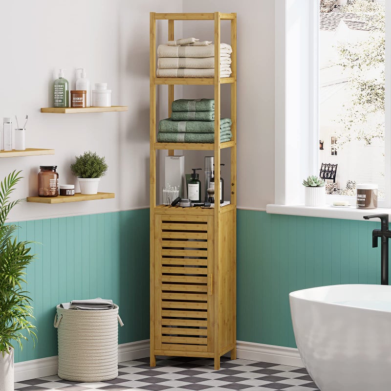 VIAGDO Storage Tall Slim Cabinet with Shutter Door and 3 Tier Shelves, Freestanding Linen Tower Cabinet for Living Room, Kitchen, Bathroom Organizer, Natural Bamboo - Image 1