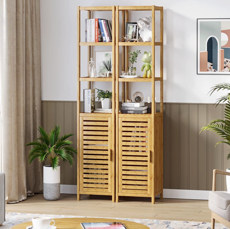 VIAGDO Storage Tall Slim Cabinet with Shutter Door and 3 Tier Shelves, Freestanding Linen Tower Cabinet for Living Room, Kitchen, Bathroom Organizer, Natural Bamboo - Image 2