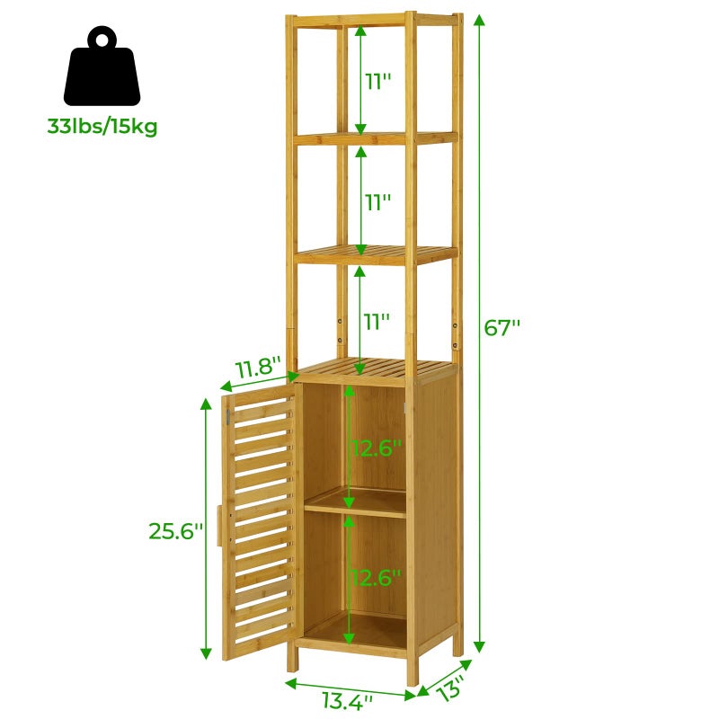 VIAGDO Storage Tall Slim Cabinet with Shutter Door and 3 Tier Shelves, Freestanding Linen Tower Cabinet for Living Room, Kitchen, Bathroom Organizer, Natural Bamboo - Image 3