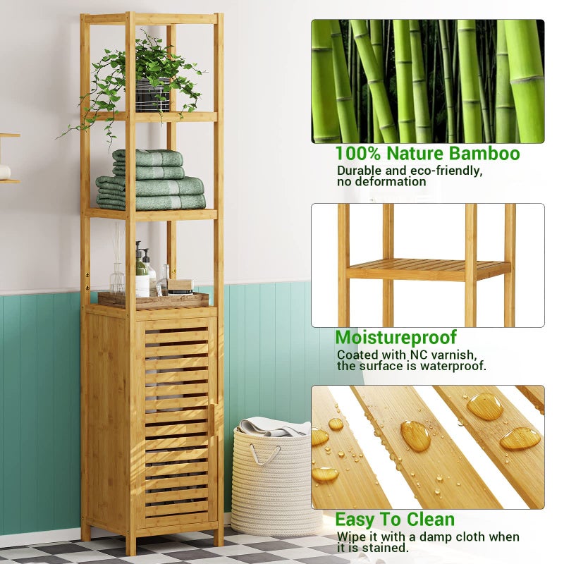 VIAGDO Storage Tall Slim Cabinet with Shutter Door and 3 Tier Shelves, Freestanding Linen Tower Cabinet for Living Room, Kitchen, Bathroom Organizer, Natural Bamboo - Image 4
