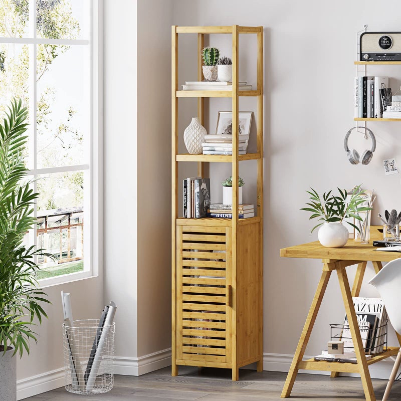 VIAGDO Storage Tall Slim Cabinet with Shutter Door and 3 Tier Shelves, Freestanding Linen Tower Cabinet for Living Room, Kitchen, Bathroom Organizer, Natural Bamboo - Image 5