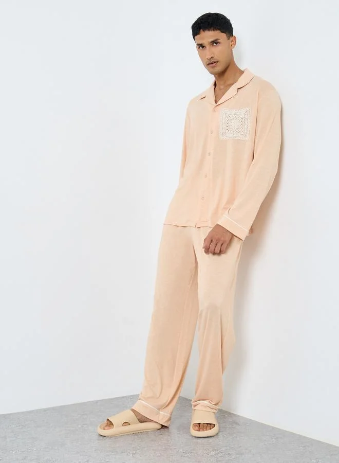 Styli Men Lace Pocket Piping Detail Shirt and Pyjama Set
