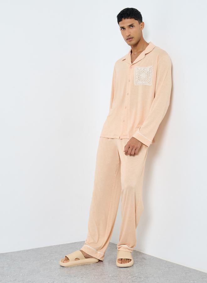 Styli Men Lace Pocket Piping Detail Shirt and Pyjama Set - Image 1