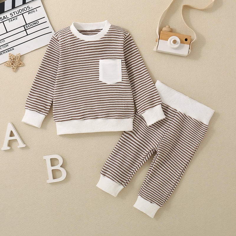 ZAXARRA Baby Boy Fall Clothes Long Sleeve Toddler Boy Waffle Sweatshirt Pullover Tops Pants Infant Fall Winter Outfits (Khaki, 0-6 Months) - Image 2