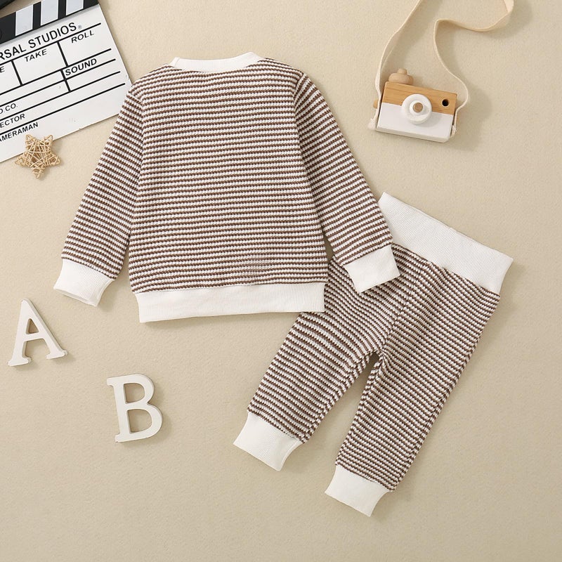 ZAXARRA Baby Boy Fall Clothes Long Sleeve Toddler Boy Waffle Sweatshirt Pullover Tops Pants Infant Fall Winter Outfits (Khaki, 0-6 Months) - Image 3