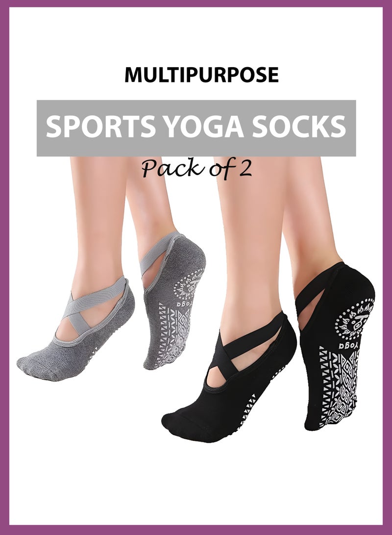 Toshionics 2 Pairs of Non-Slip Grip Pilates Yoga Socks for Women Multipurpose Sports Yoga Anti-Slip Breathable Cotton Socks with Straps & Cushioned Sole Ideal for Pilates Ballet Dance Barre Fitness Gym Barefoot Workout Yoga and Floor Exercises One Size (Black & Grey)  - Image 1