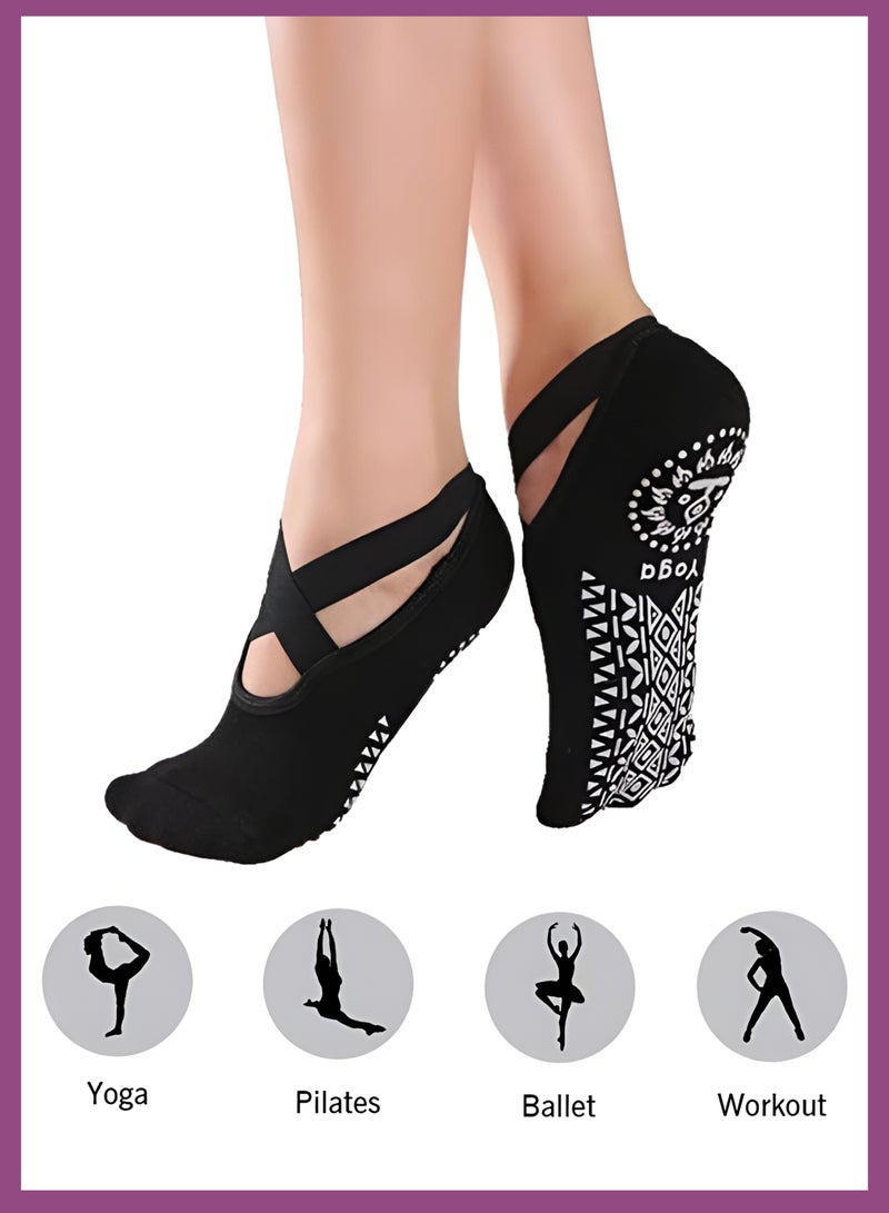 Toshionics 2 Pairs of Non-Slip Grip Pilates Yoga Socks for Women Multipurpose Sports Yoga Anti-Slip Breathable Cotton Socks with Straps & Cushioned Sole Ideal for Pilates Ballet Dance Barre Fitness Gym Barefoot Workout Yoga and Floor Exercises One Size (Black & Grey)  - Image 3