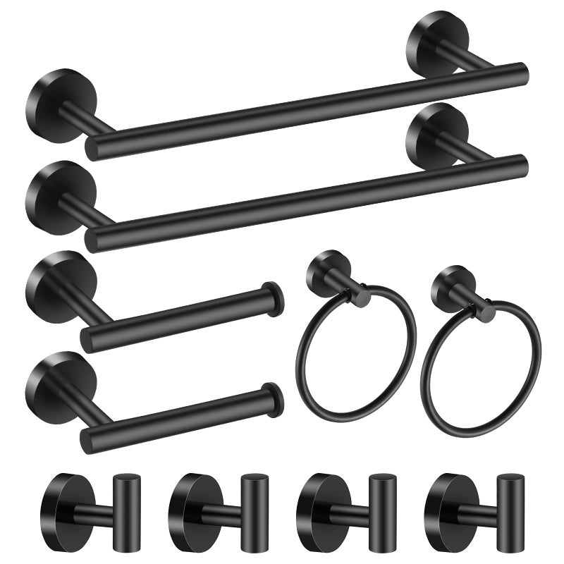 Hinmood Bathroom Hardware Set Matte Black 10 Pieces Bathroom Accessories Set Includes Includes 2 Packs 24 Inch Towel Bar Towel Ring Toilet Holder and 4 Packs Towel Hooks