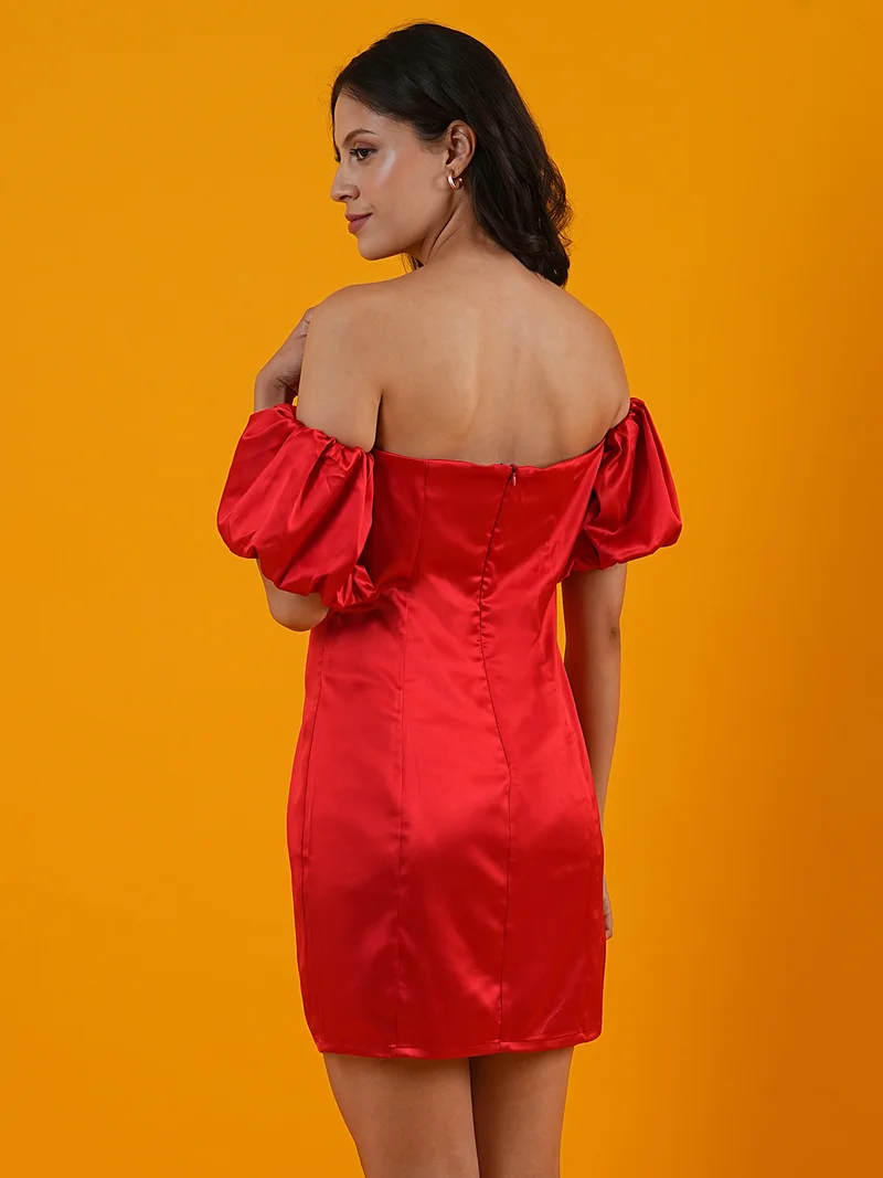 globus Women Red Off-Shoulder Puff Sleeves Satin Bodycon Mini Dress