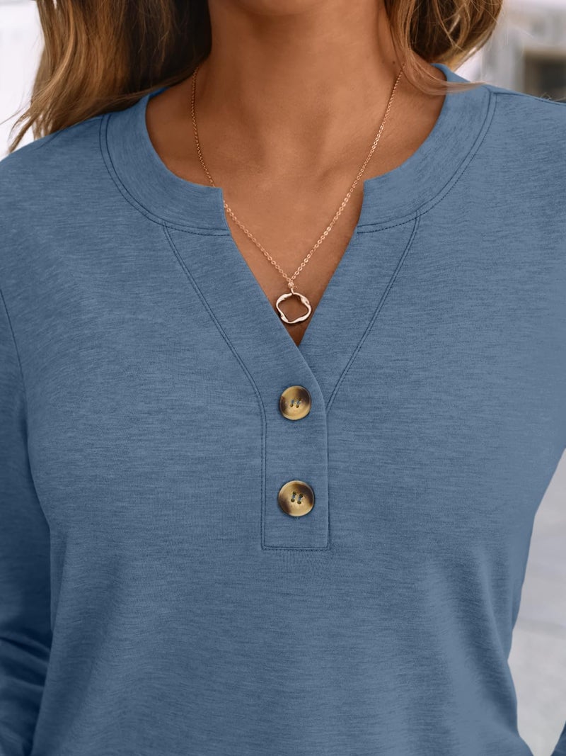 AUTOMET Long Sleeve Shirts for Women Blouses 2026 Spring Fashion Summer Tops Plus Size Dressy Casual Tops Trendy Henley Cute T Shirts Business Work Fall Outfits Clothes Blue L - Image 5