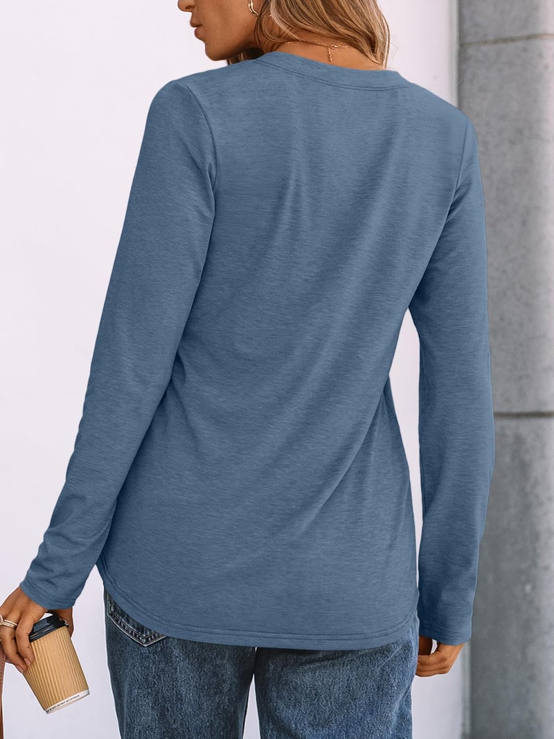 AUTOMET Long Sleeve Shirts for Women Blouses 2026 Spring Fashion Summer Tops Plus Size Dressy Casual Tops Trendy Henley Cute T Shirts Business Work Fall Outfits Clothes Blue L - Image 4