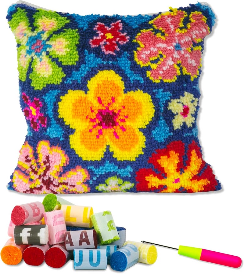 LAPATAIN Latch Hook Kits for DIY Throw Pillow Cover,Colorful Flowers Pattern Needlework Cushion Cover Hand Craft Crochet for Great Family 17x17inch - Image 1