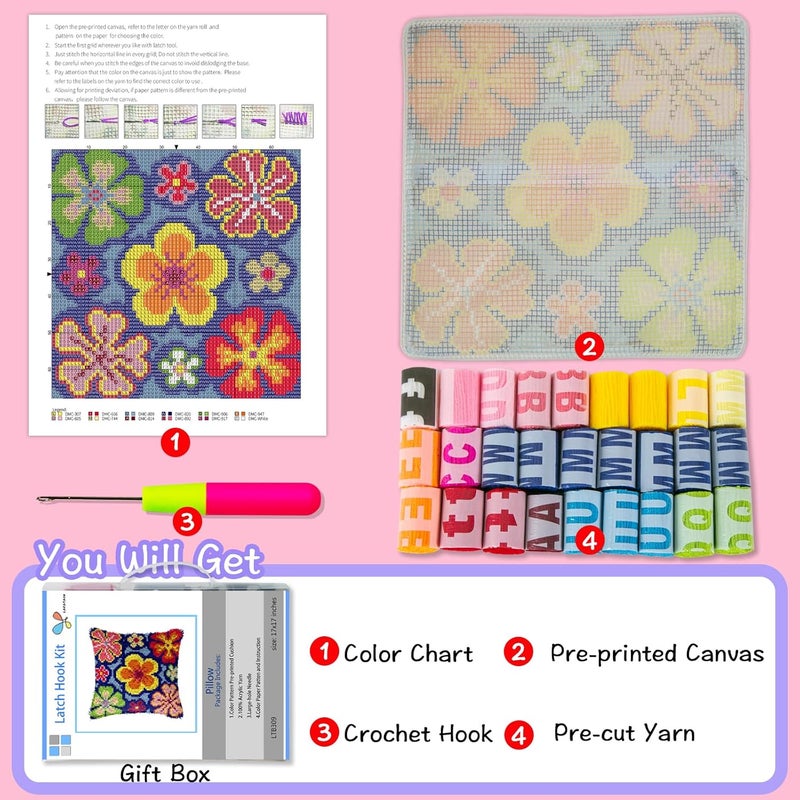 LAPATAIN Latch Hook Kits for DIY Throw Pillow Cover,Colorful Flowers Pattern Needlework Cushion Cover Hand Craft Crochet for Great Family 17x17inch - Image 2