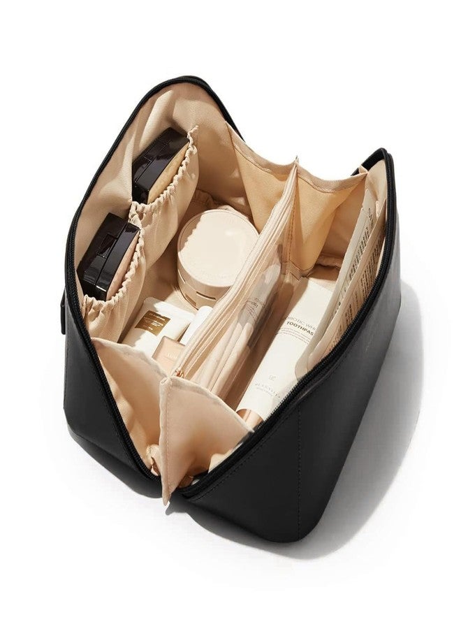 ARICA Women’s Large Capacity Cosmetic Travel Bag - Waterproof Leather Makeup Organizer with Wide Opening, Dividers with Handle (Cross Open) (Black) - Image 1