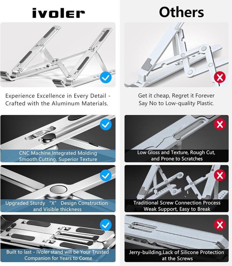 ivoler Laptop Stand, Laptop Holder Riser Computer Tablet Stand, 6 Angles Adjustable Aluminum Ergonomic Foldable Portable Desktop Holder Compatible with 10-15.6” MacBook,iPad, HP, Dell, Lenovo Silver - Image 3
