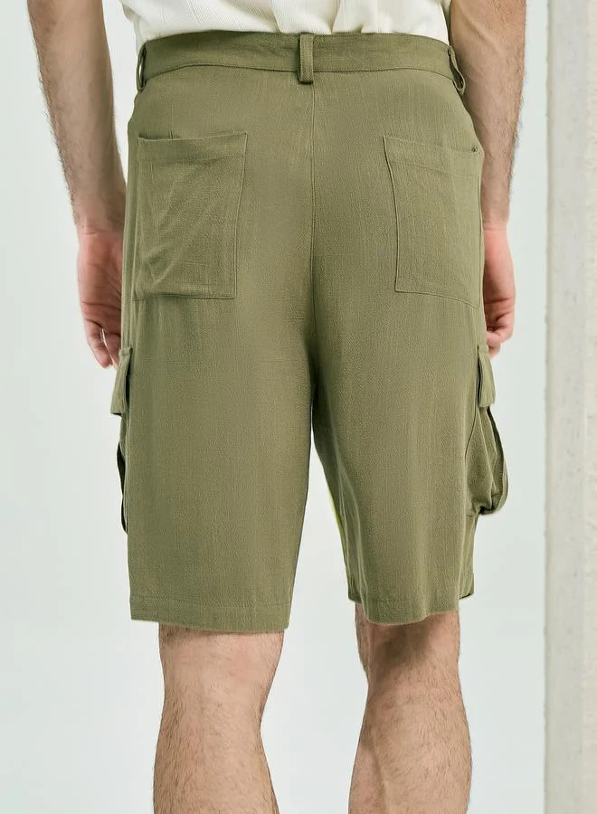Styli Plain Linen Blend Relaxed Fit Cargo Shorts