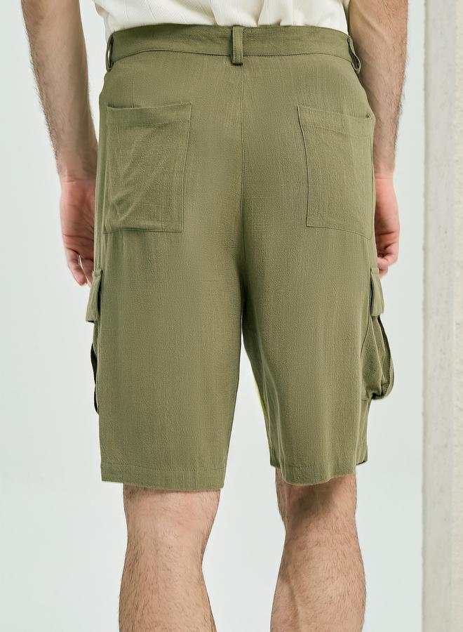 ستايلي شورت كارغو بقصة مريحة من مزيج الكتان السادة - Image 4