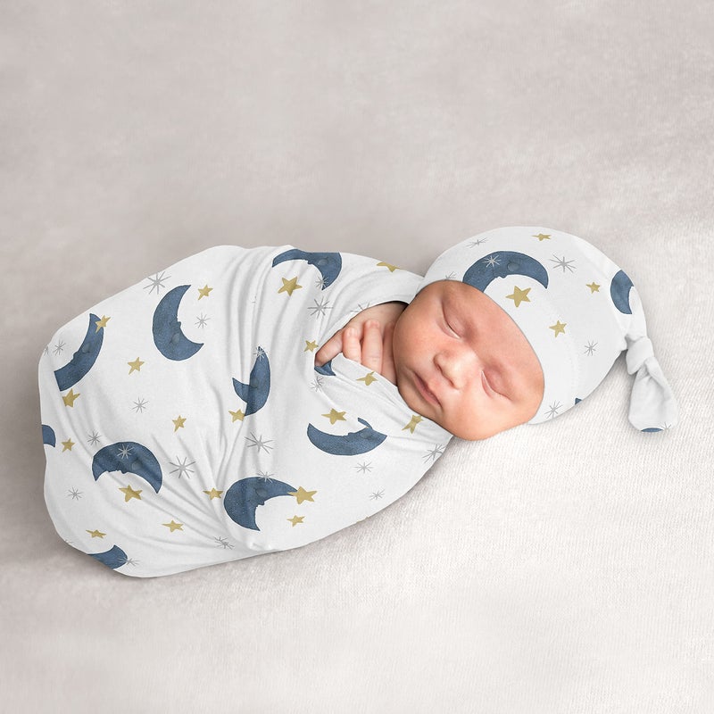 Sweet Jojo Designs Sweet Jojo Designs Moon Star Baby Boy Girl Cocoon and Beanie Hat Set Jersey Stretch Knit Sleeping Bag Infant Newborn Nursery Sleep Wrap Sack  Navy Blue Gold Watercolor Celestial Sky Gender Neutral