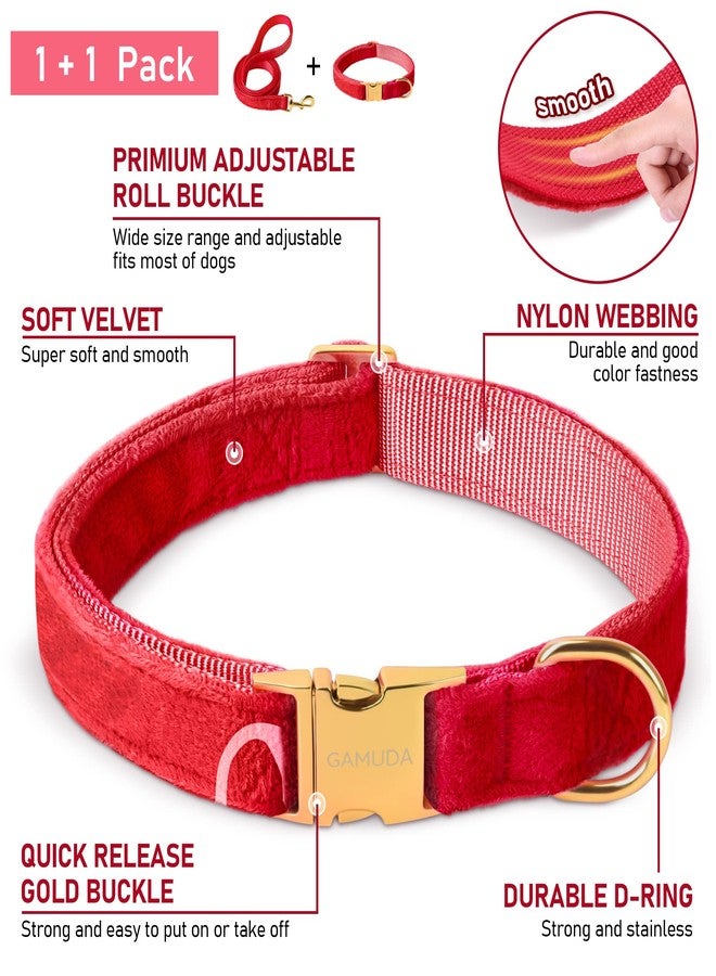 GAMUDA Velvet Dog Collar and Leash, Super Soft and Smooth, Heavy Duty Gold Buckle, Comfortable and Easy to Clean, Adjustable Collar for Dog (L, Red) - Image 2