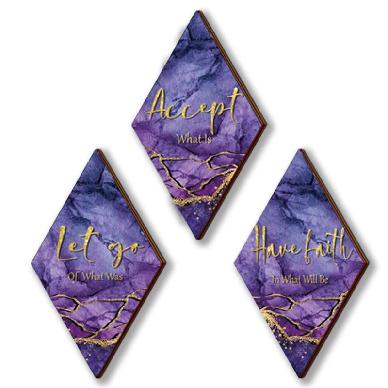 ONIZHITY 3Pcs Purple And Gold Bathroom Decor Purple Gold Wall Decor with Accept Let Go Have Faith Quote Rustic Farmhouse Wooden Hanging Signs for Women Home Living Room Bedroom(Purple Gold 12x7) - Image 1