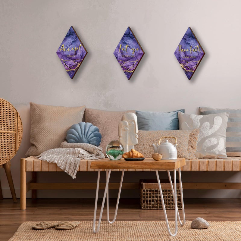 ONIZHITY 3Pcs Purple And Gold Bathroom Decor Purple Gold Wall Decor with Accept Let Go Have Faith Quote Rustic Farmhouse Wooden Hanging Signs for Women Home Living Room Bedroom(Purple Gold 12x7) - Image 5