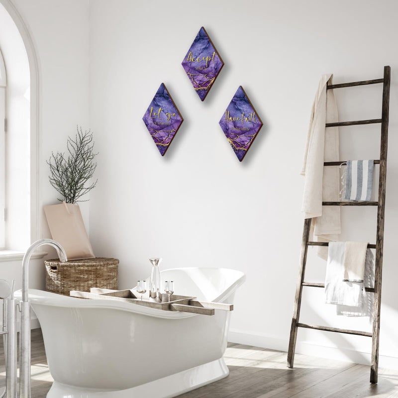 ONIZHITY 3Pcs Purple And Gold Bathroom Decor Purple Gold Wall Decor with Accept Let Go Have Faith Quote Rustic Farmhouse Wooden Hanging Signs for Women Home Living Room Bedroom(Purple Gold 12x7) - Image 3