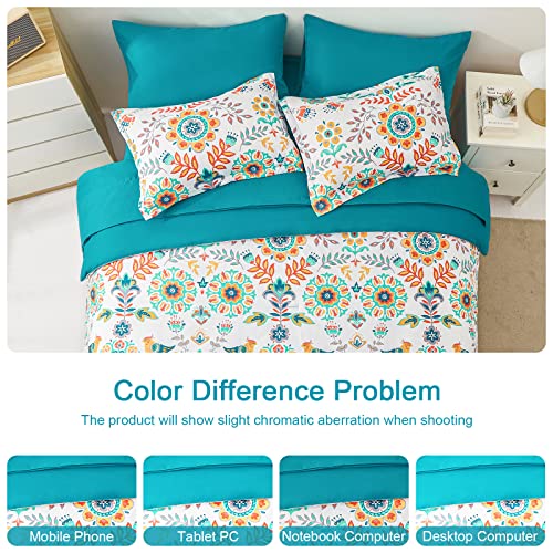 DHSFKBE Boho Comforter Set King - 7 Pieces Bed in a Bag Floral Medallions Design, Bohemian Comforter Set with Sheets, Soft Microfiber Complete Bedding Sets All Season (Teal Blue, King) - Image 5