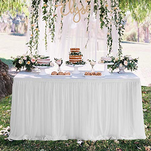 Suppromo White Tulle Table Skirts for Rectangle Tables 6ft for Wedding Birthday Party Bridal Shower White Tutu Ruffle Table Cloth for Cake Dessert Buffet Banquet Dinner Table Decorations - Image 4