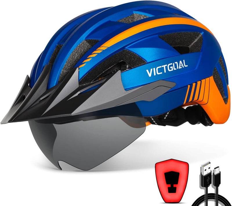Victgoal Bike Helmet with USB Rechargeable LED Light and Removable Magnetic Goggles - Blue - Image 1