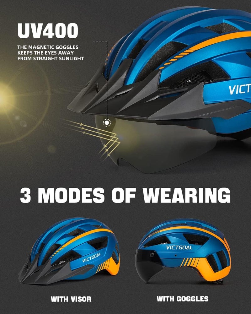 Victgoal Bike Helmet with USB Rechargeable LED Light and Removable Magnetic Goggles - Blue - Image 2