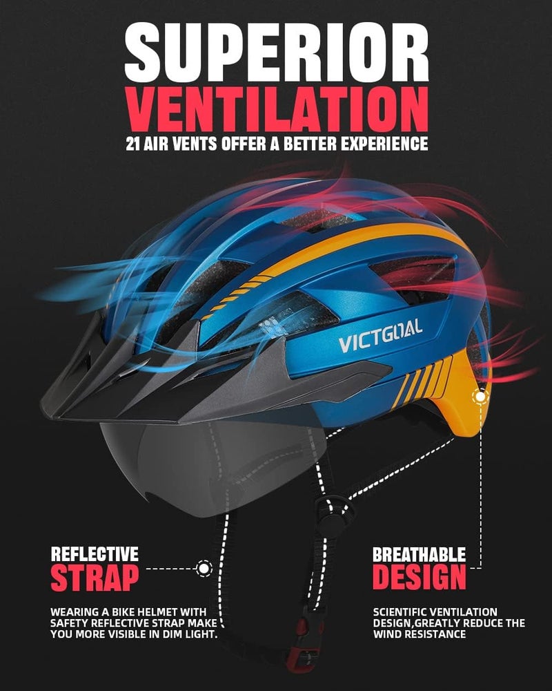 Victgoal Bike Helmet with USB Rechargeable LED Light and Removable Magnetic Goggles - Blue - Image 3