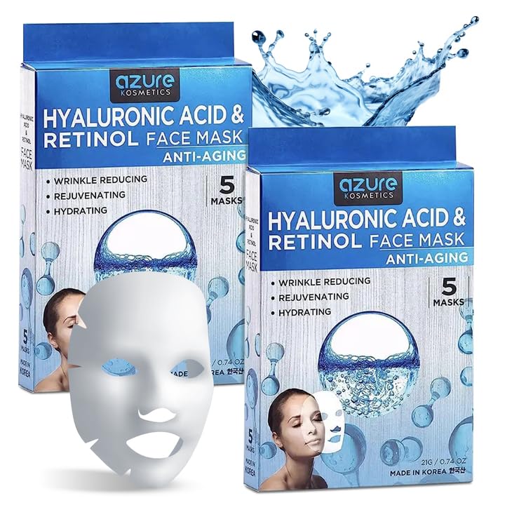 Azure Cosmetics AZURE Hyaluronic Acid & Retinol Anti Aging Facial Mask - Dermatologist Tested - Rejuvenating & Hydrating Face Mask - Helps Reduce Fine Lines & Wrinkles, Smooths & Repairs - Korean Skin Care - 10 Pack