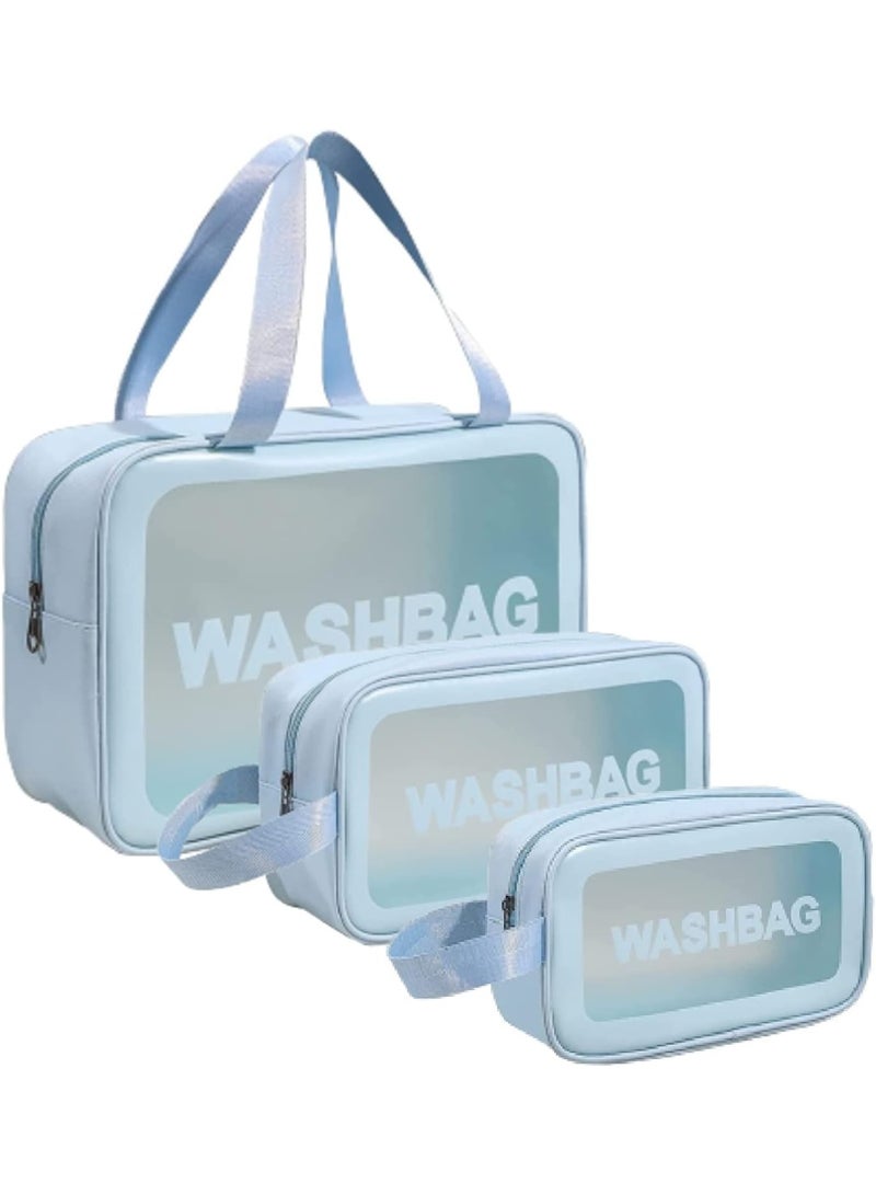 3 PCS Makeup Cosmetic Bag, Transparent Travel Wash Bag for Women and Girls - Blue. - Image 1