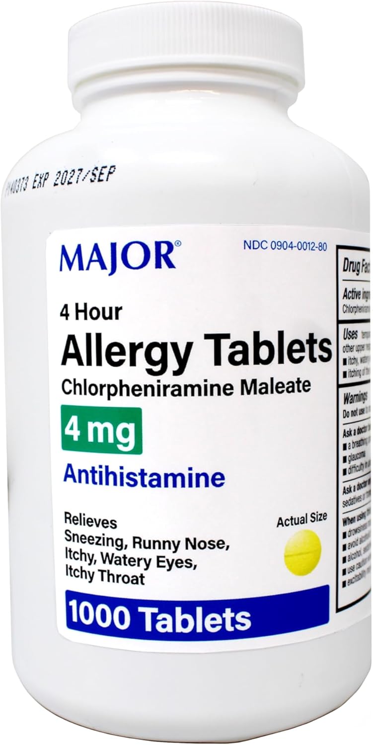 MAJOR CHLORPHENIRAMINE 4MG TAB CHLORPHENIRAMINE Maleate-4 MG Yellow 1000 Tablets UPC 309040012807 Pharmaceuticals