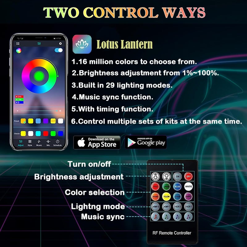 DEHERANE Interior Car LED Strip Lights, RGB 6 in 1 Ambient Lighting Kits with 315 inches Fiber Optic, 16 Million Colors Car Interior Lights with Wireless APP and Remote Control, Sync to Music - Image 3