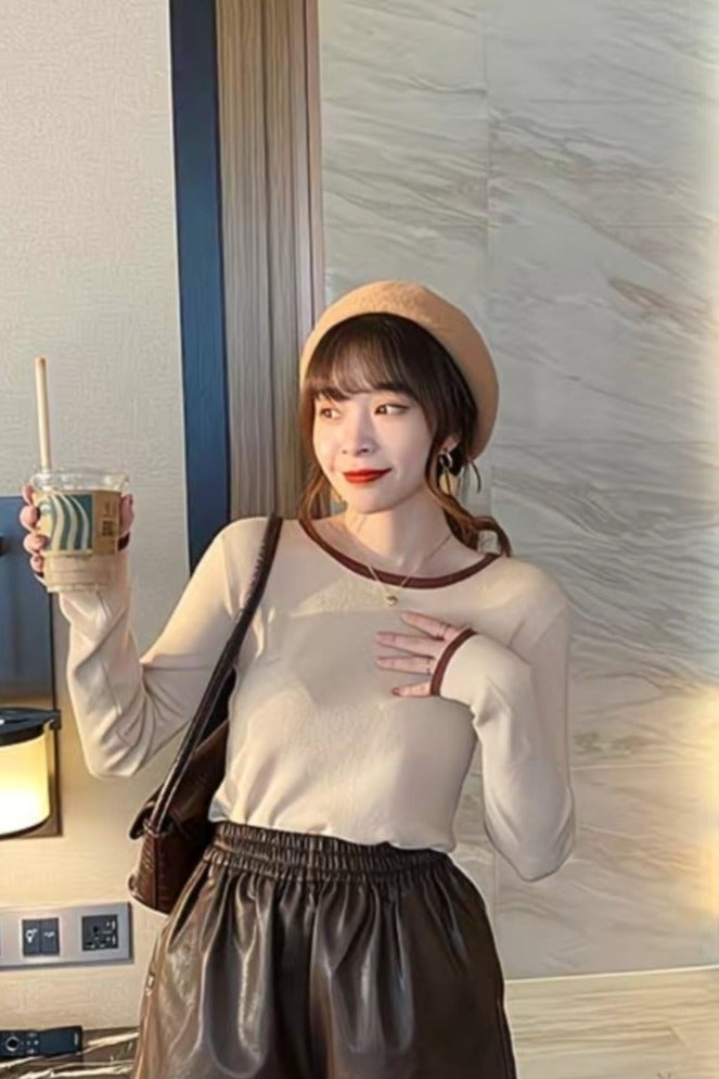 A.M Pure cotton contrast color long-sleeved T-shirt tops women's slim early spring and autumn bottoming shirtPure cotton contrast color long-sleeved T-shirt tops women's slim early spring and autumn bottoming shirt - Image 1