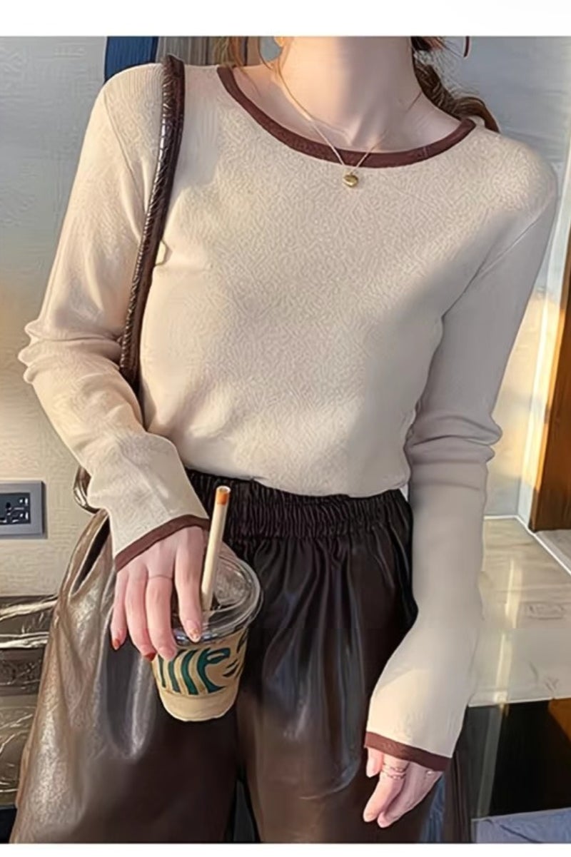 A.M Pure cotton contrast color long-sleeved T-shirt tops women's slim early spring and autumn bottoming shirtPure cotton contrast color long-sleeved T-shirt tops women's slim early spring and autumn bottoming shirt - Image 3