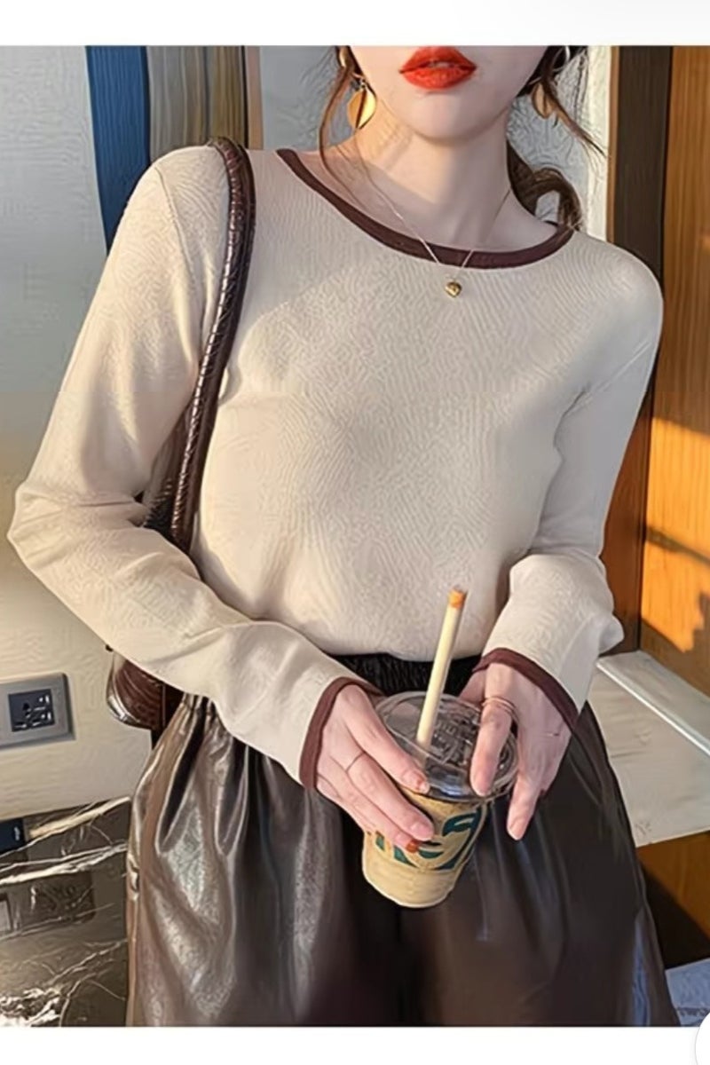 A.M Pure cotton contrast color long-sleeved T-shirt tops women's slim early spring and autumn bottoming shirtPure cotton contrast color long-sleeved T-shirt tops women's slim early spring and autumn bottoming shirt - Image 2