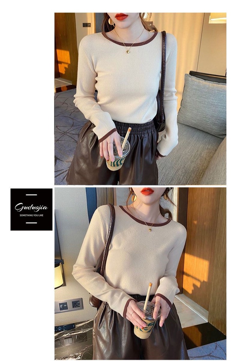 A.M Pure cotton contrast color long-sleeved T-shirt tops women's slim early spring and autumn bottoming shirtPure cotton contrast color long-sleeved T-shirt tops women's slim early spring and autumn bottoming shirt - Image 5