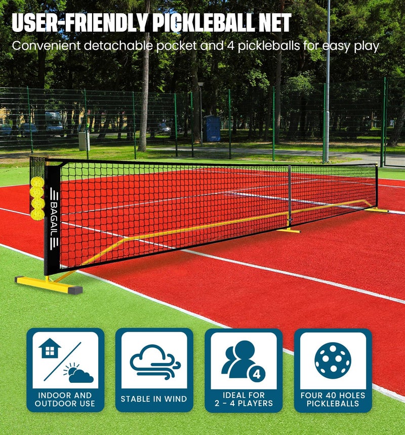 BAGAIL Portable Pickleball Net Set, 22 FT Regulation Size Pickle Ball Net with Ball Collector, Carry Bag, Easy Setup for Outdoor Indoor Driveway - Yellow - Image 3