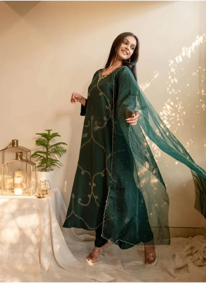 زيري سوق Bottle Green Silk Zardozi Mukaish Work Kurta Set