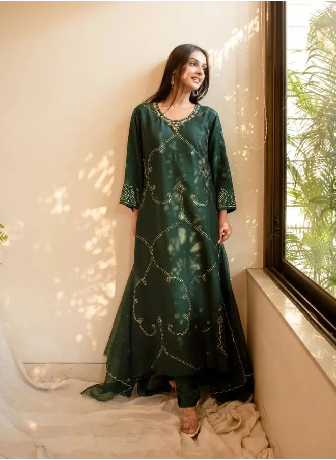 زيري سوق Bottle Green Silk Zardozi Mukaish Work Kurta Set