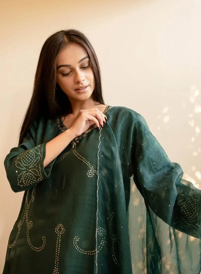 ZERESOUQ Bottle Green Silk Zardozi Mukaish Work Kurta Set