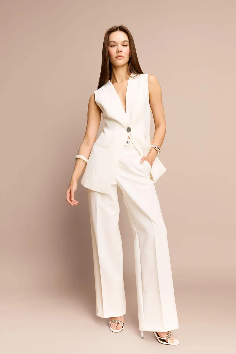 ديفاكتو Straight Fit Normal Waist Long White Trousers