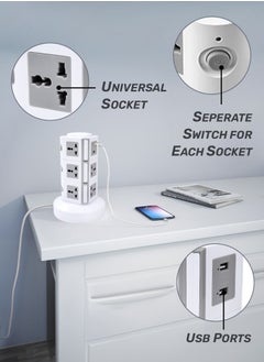 MODI Universal Vertical Tower Power Strip, Multi Socket 110V-250V with 2 USB Ports, Electric Charging Station Surge Protector, Suitable For Any Country  - Image 1