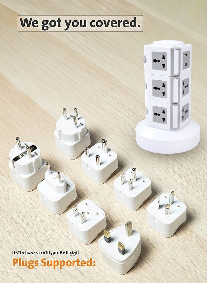 MODI 3-Tier Vertical Tower Power Strip with 2 USB Ports – Surge Protector, 110V–250V, Flame-Resistant, Compact Desk Charging Station - Image 3