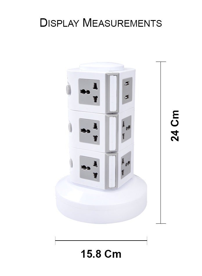 MODI 3-Tier Vertical Tower Power Strip with 2 USB Ports – Surge Protector, 110V–250V, Flame-Resistant, Compact Desk Charging Station - Image 2